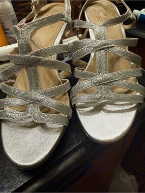 Naturalizer Silver Glitter Strappy High Heel Sandals